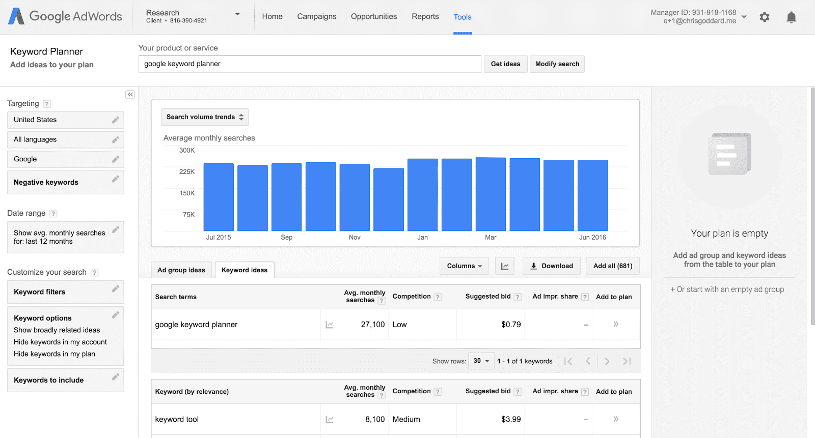 google keyword planner for knowledge base