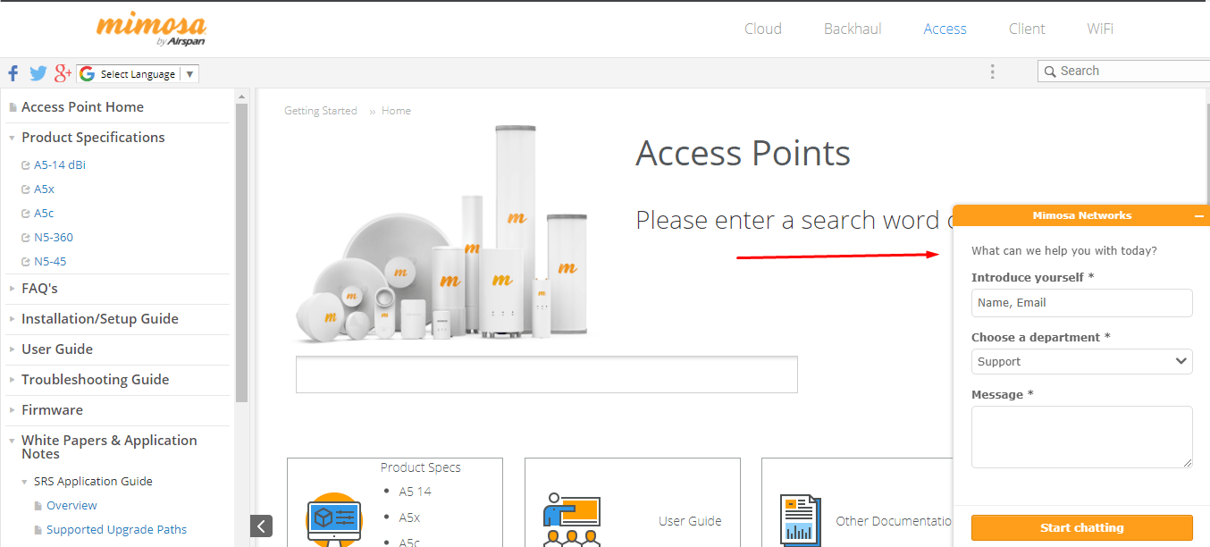 Mimosa self service integrated with live chat