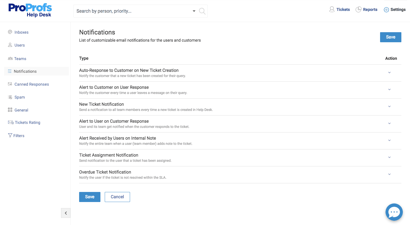 Notifications setting in help desk software